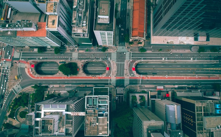 An aerial shot of Paulista avenue in São Paulo captured by a Brazil Production Services drone operator.