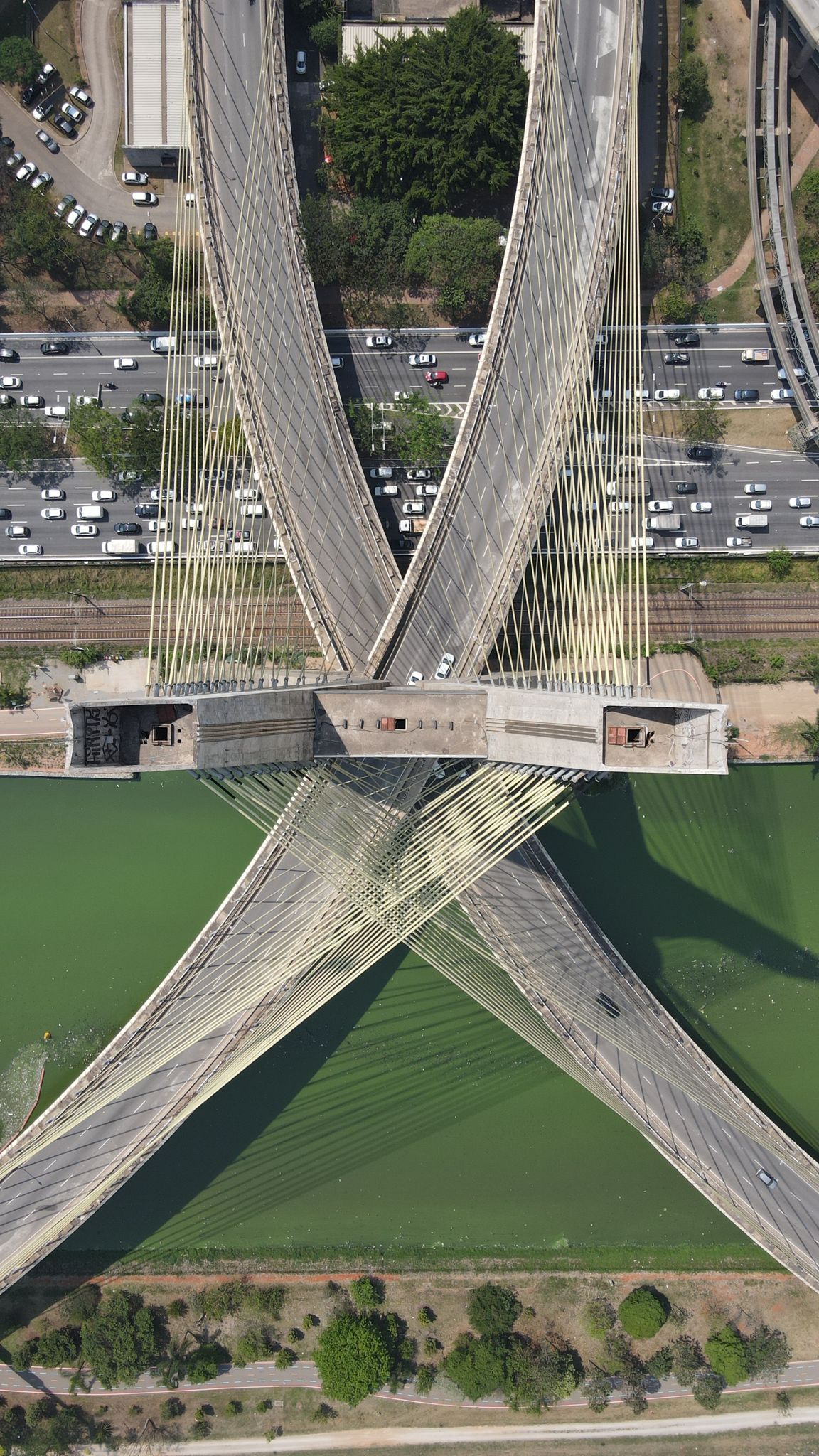 An aerial view captured by a Brazil Production Services crew member of the Estaiada Bridge in São Paulo.