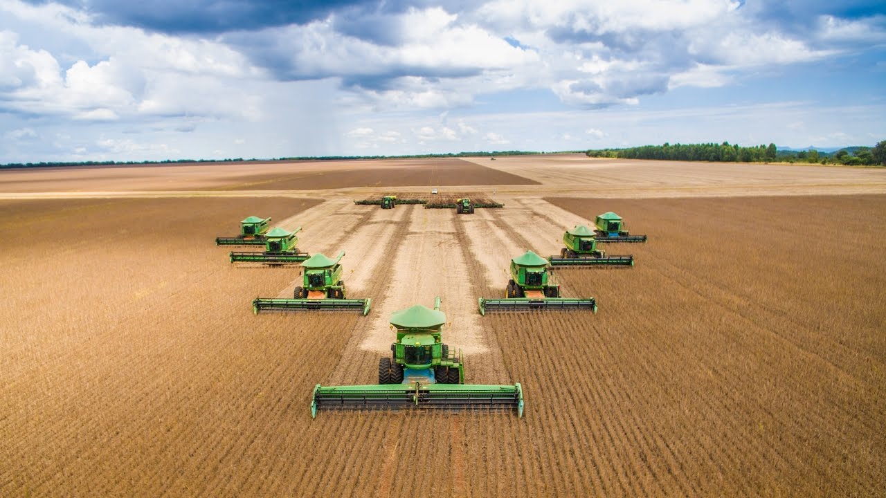 An aerial view of a gigantic plantation and harvest shot by a BPS drone operator for an agricultural documentary in Mato Grosso state.