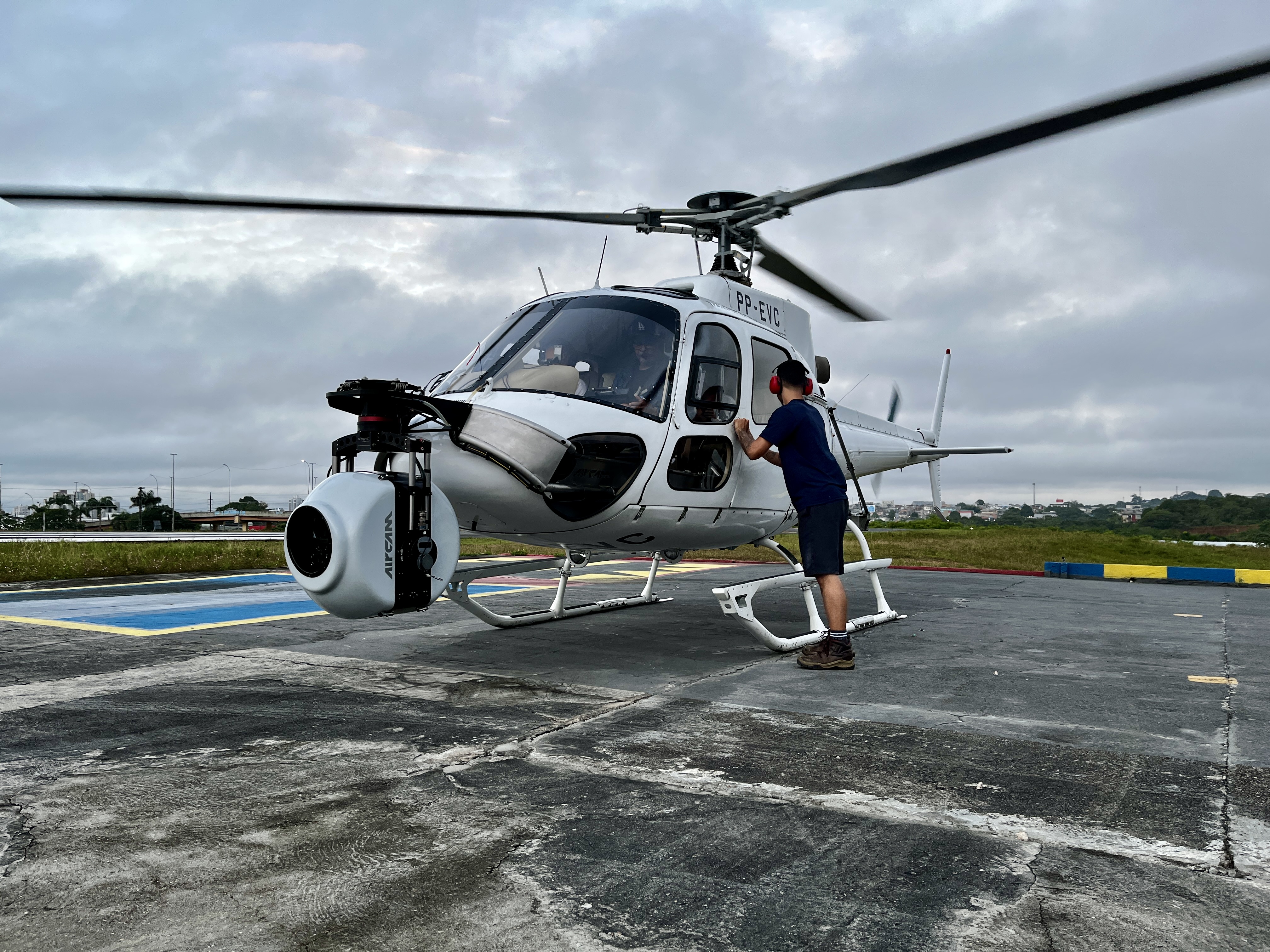 Our Stab-C stabilization system is checked and attached to a helicopter and ready to go on a shoot for the VFX unit of Sony's Anaconda (feature film).