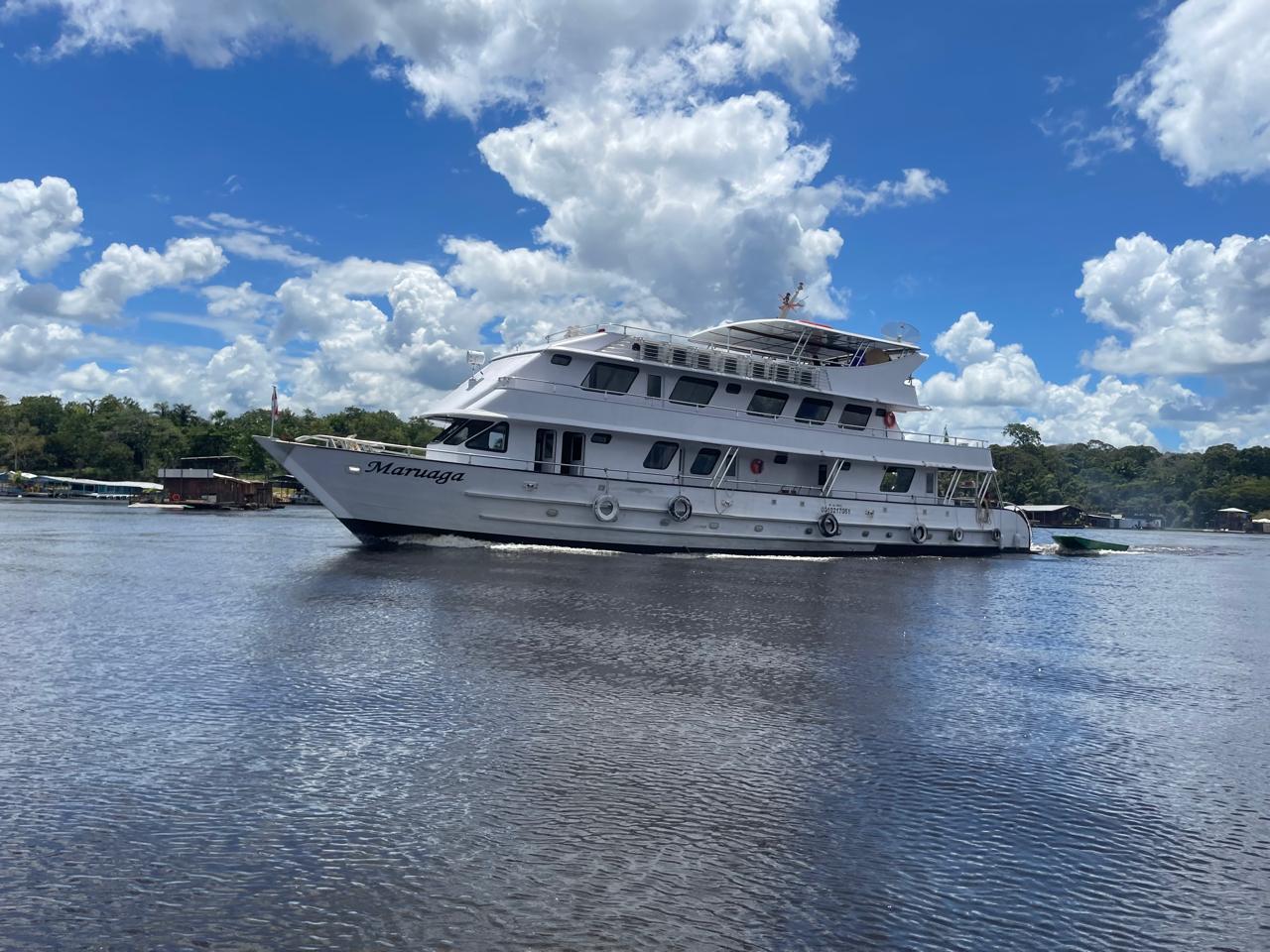 High-end passenger ship available for rental as a crew support boat on shoots in the Amazon River, near Manaus.