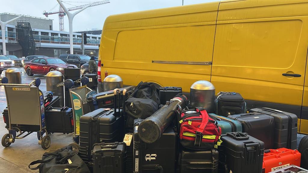 Video production gear unloaded at LAX and on its way to Brazil for another Brazil Production Services shoot.