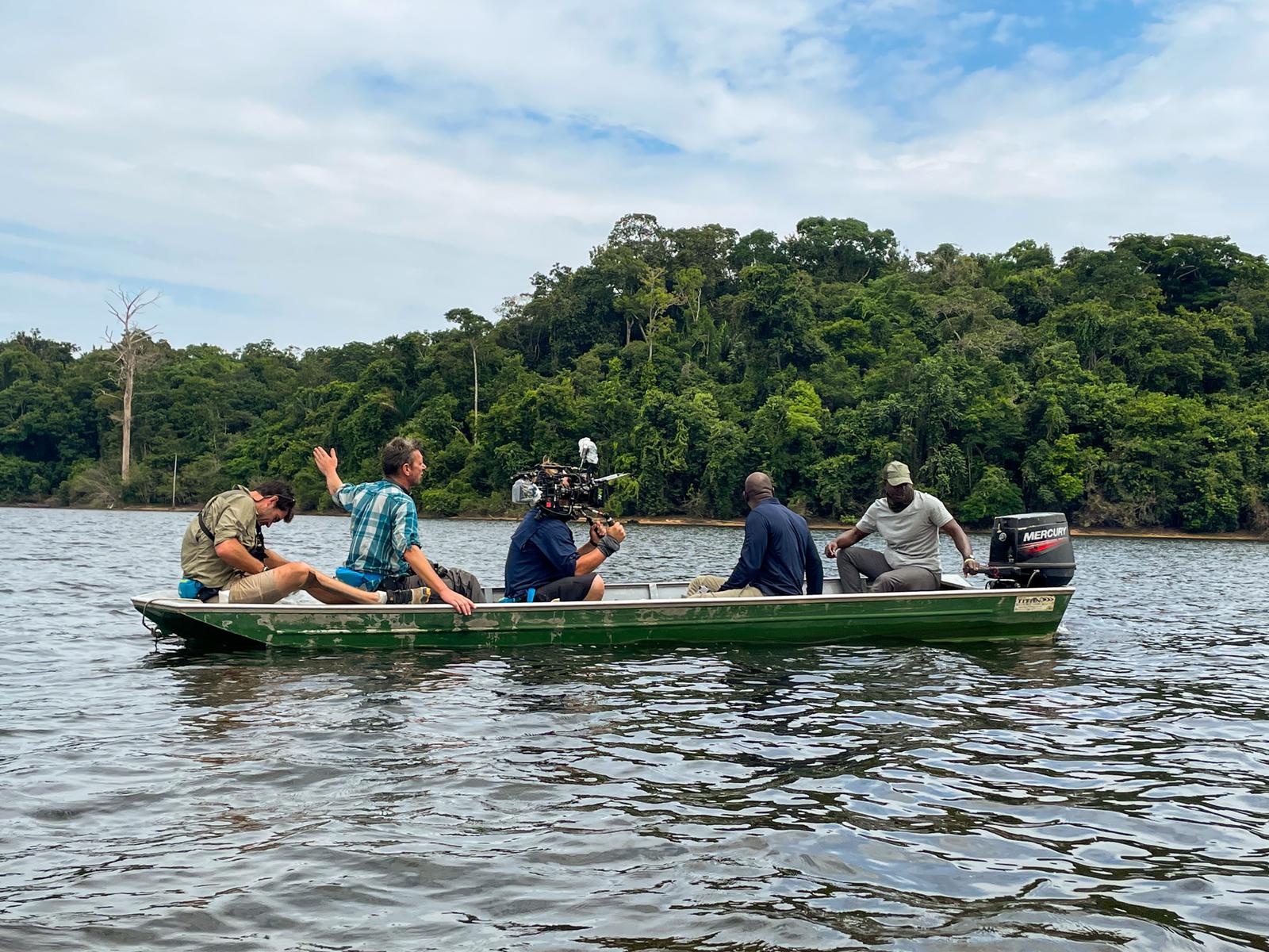 A BPS crew shoots a scene on a boat in the Amazon Rainforest in Brazil.