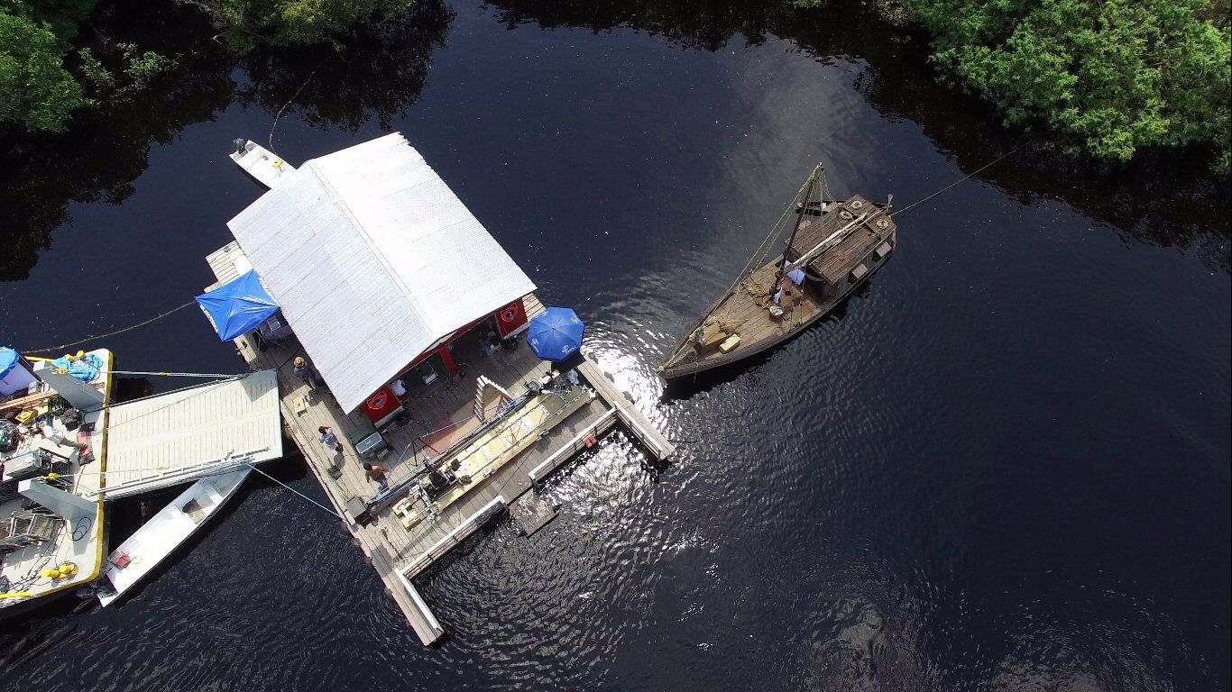 A floating production basecamp in a shoot in the Amazon, near Manaus.