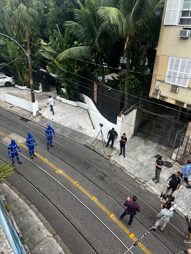 A production still of the Netflix feature film The Electric State shot in the streets of Santa Teresa in Rio de Janeiro (VFX unit produced locally by Brazil Production Services).