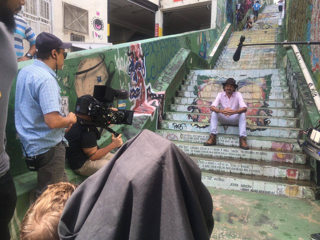 A BTS shot at dusk at the Christ the Redeemer monumentduring the Rio de Janeiro VFX shoot of Netflix's The Electric State (produced locally by Brazil Production Services).