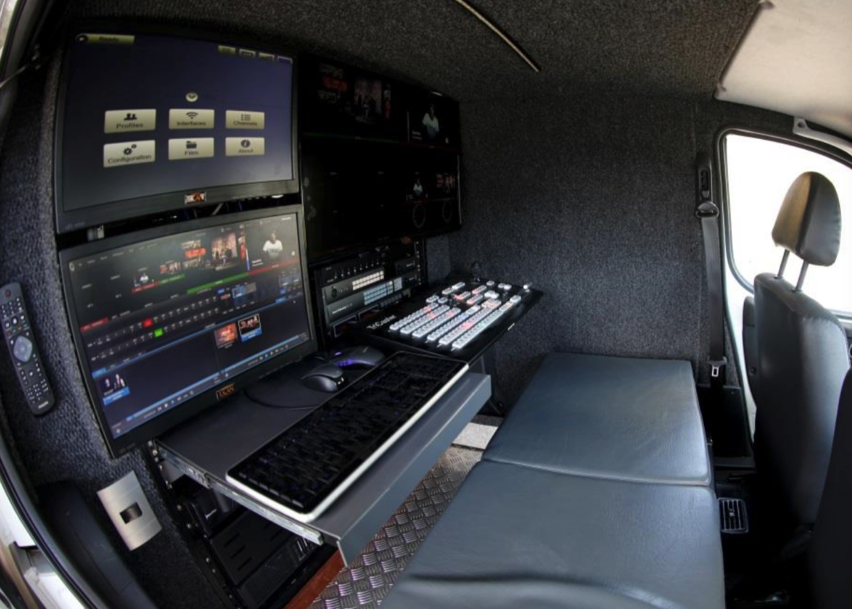 Control room in the back of an uplink truck on a live transmission produced by Brazil Production Services in Rio de Janeiro.