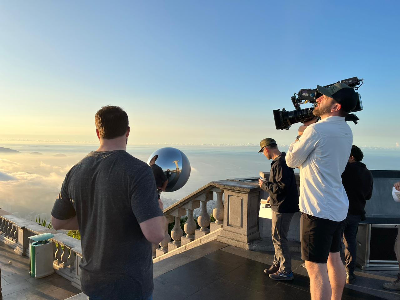 Production still from a VFX and drone shoot for Netflix's The Electric State atop the Christ the Redeemer monument in Rio de Janeiro (produced locally by Brazil Production Services).