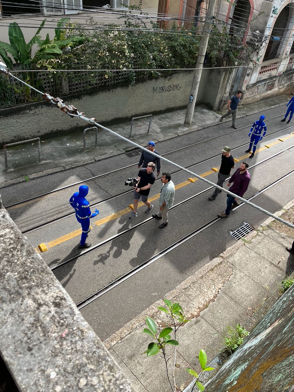 Production still from a VFX shoot for Netflix's The Electric State in the streets of Santa Teresa in Rio de Janeiro (produced locally by Brazil Production Services).