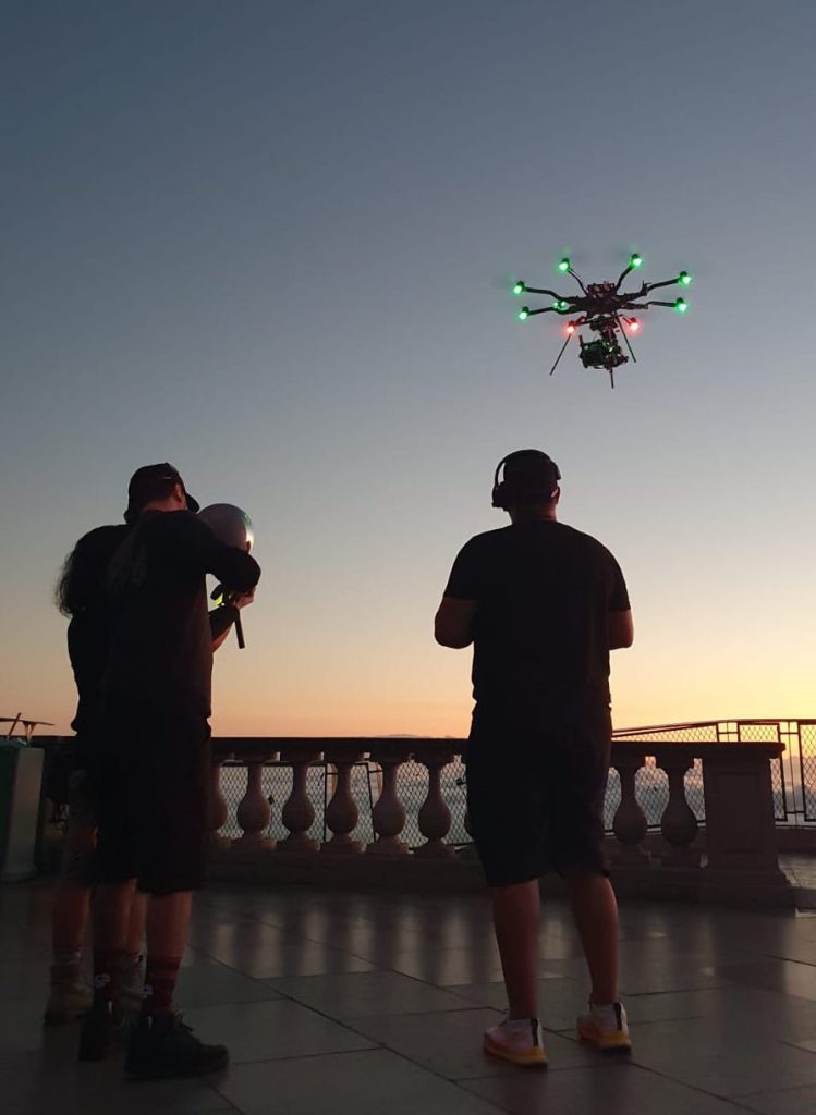 Production still from a VFX shoot for Netflix's The Electric State atop the Christ the Redeemer monument in Rio de Janeiro (produced locally by Brazil Production Services).