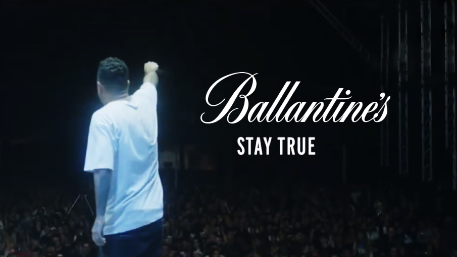 Ballantine's "Stay True" campaign title card featuring Marcelo D2 performing on stage