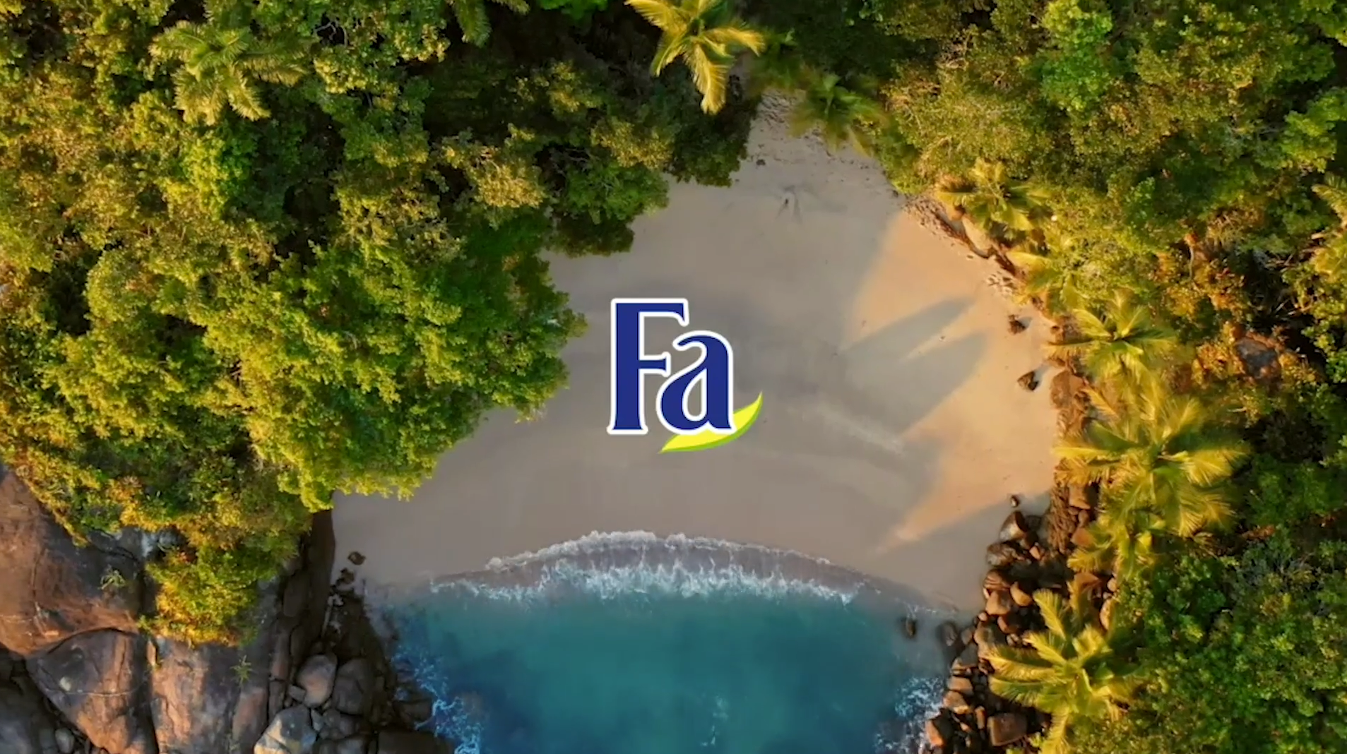 Logo for the Fa: Brazilian Vibes shampoo commercial campaign over a tropical beach backdrop, shot by Brazil Production Services in Ubatuba for Henkel's Fa brand