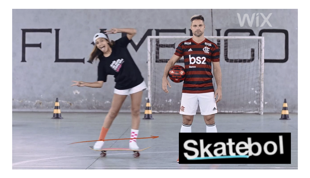 A young skateboarder in a Flamengo jersey posing on a soccer pitch, from the Wix commercial featuring Brazilian skater Isadora Pacheco
