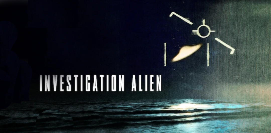 Title card for the documentary series Investigation Alien, showing a stylized UFO graphic hovering over dark ocean water at night