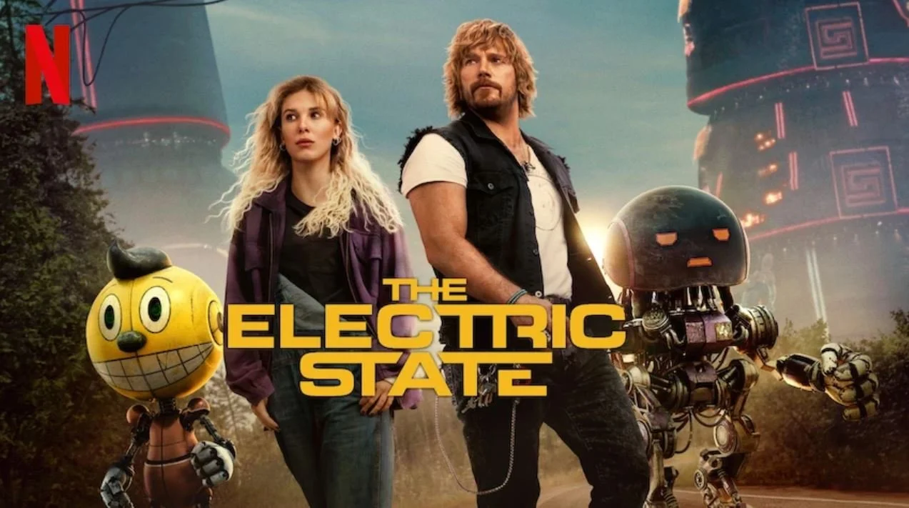 Official poster art for Netflix's The Electric State, showing lead actors Millie Bobby Brown and Chris Pratt walking beside two robot companions
